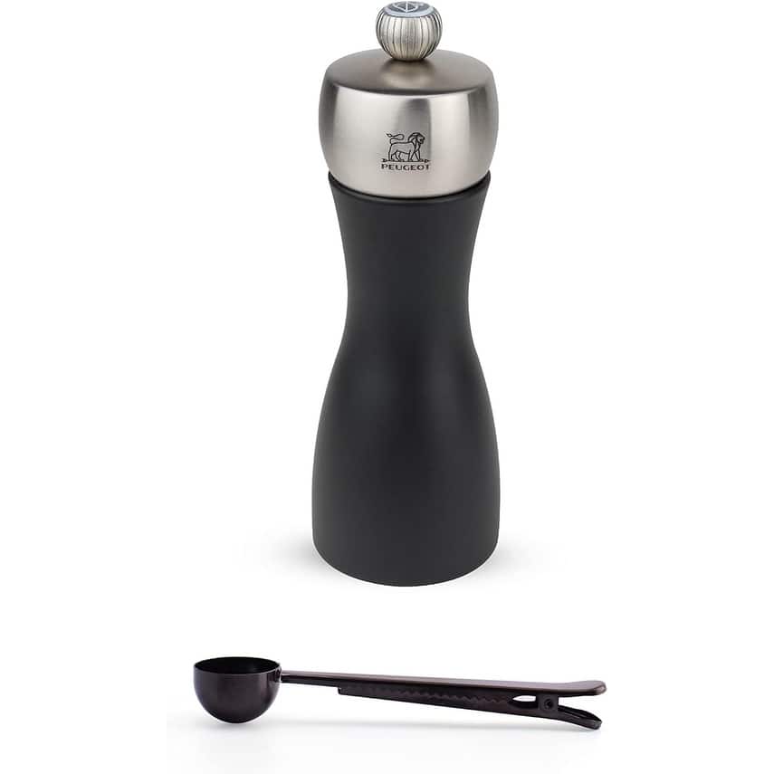 Peugeot Fidji 6 Inch Salt Mill, Black Matte - With Stainless Steel Spice Scoop & Clip