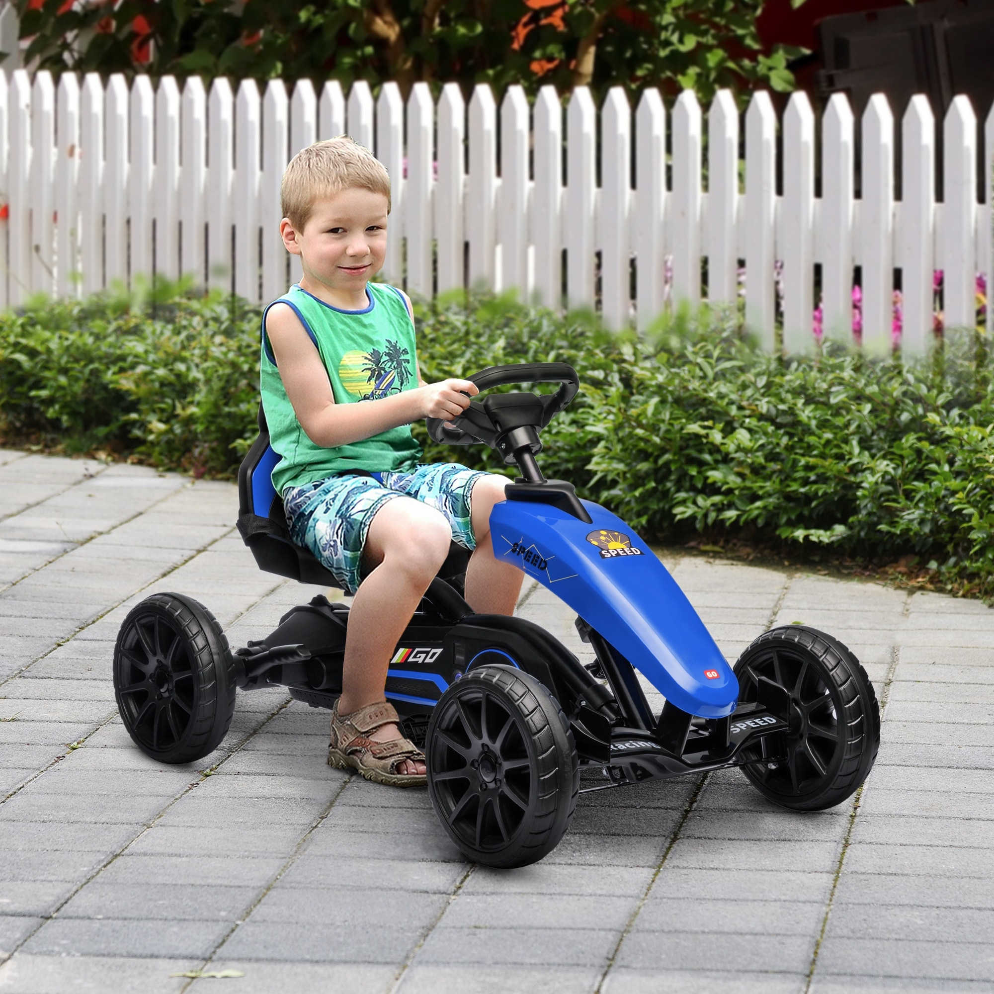 Aosom Kids Pedal Go Kart, Swing Axle, Adjustable Seat, Handbrake, Shock-Absorbing Wheels, Blue