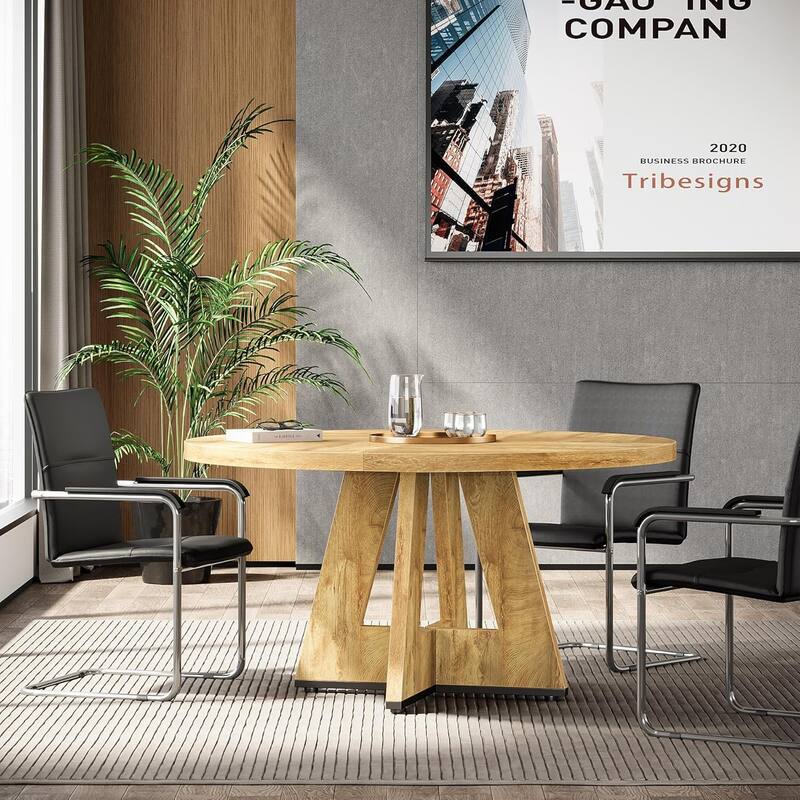 47" Round Conference Table Meeting Room Table with Thickened Top Wood Base Modern Training Desk for Conference/Seminar Room