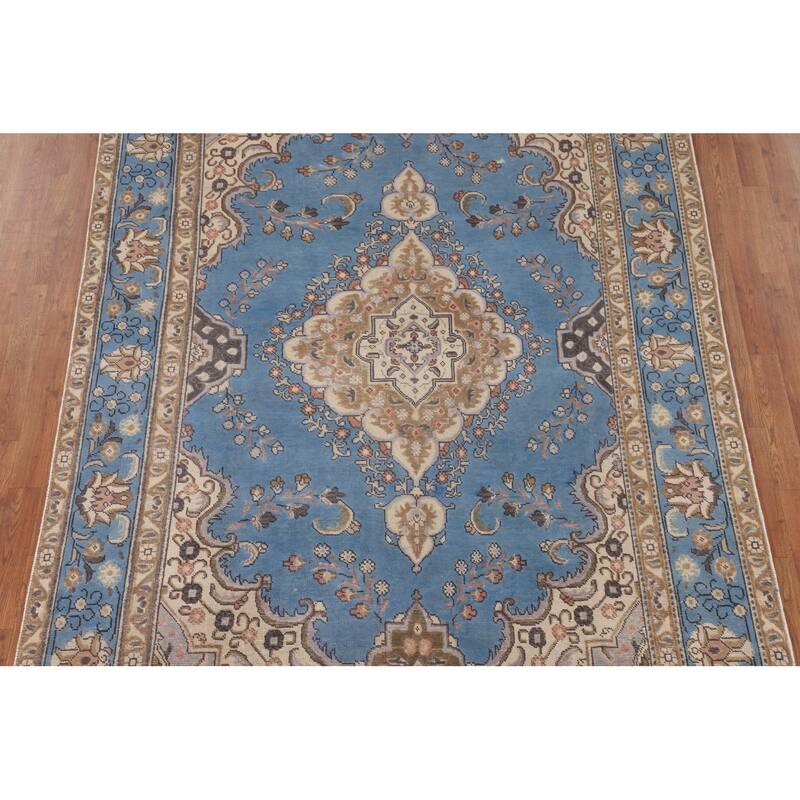 Traditional Blue Tabriz Persian Vintage Area Rug Handmade Wool Carpet - 6'4" x 9'8"