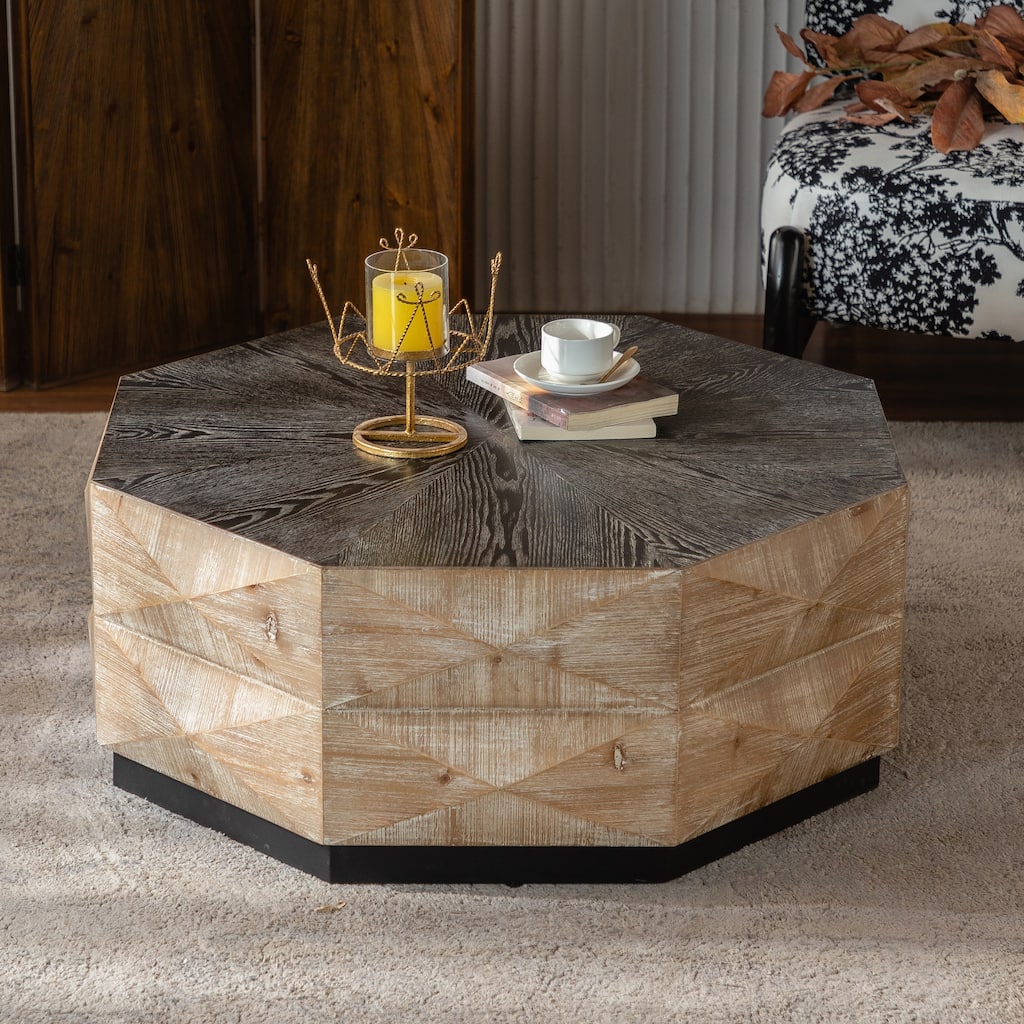 38 Inches, Country Style Coffee Table Octagonal Coffee Table with Embossed Pattern, for Living Room