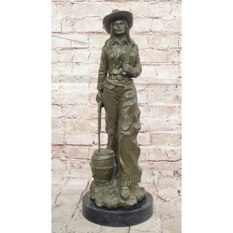 American Western Bronze Cowgirl Sculpture With Rifle And Cowboy Hat