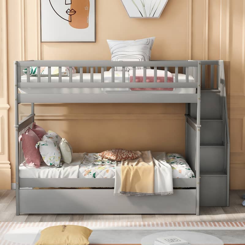 Full Over Full Bunk Bed with Trundle, Wooden Bunk Bed Frame with Storage Staircase & Guardrails, Convertible to Separate Beds