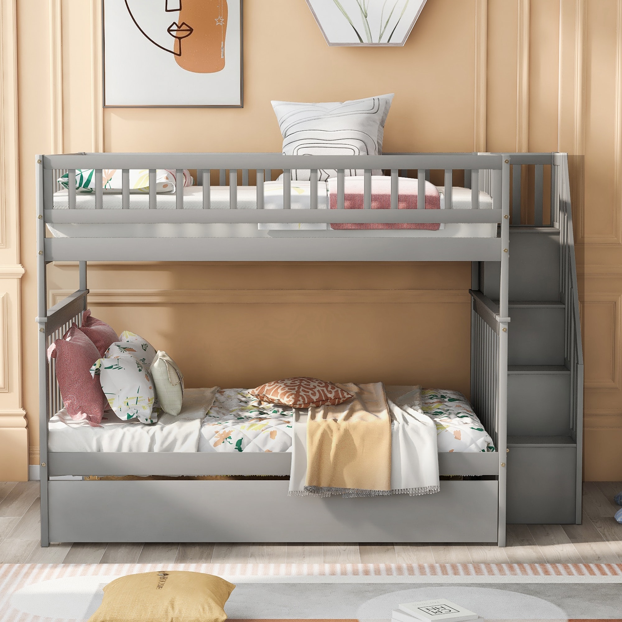 Full over Full Detachable Bunk Bed with Trundle and Staircase