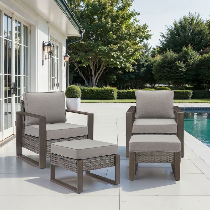 Pocassy 4 Pieces Outoor Patio Club Chair Ottoman Set - Gray cushion - Gray Wicker