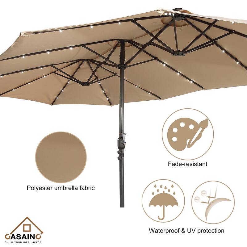 15-ft. Rectangular Crank Double-sided Outdoor Market Umbrella Solar LED Lighted Patio Umbrella with Base Included