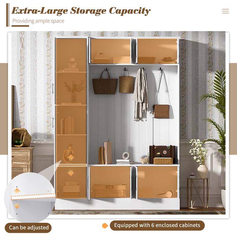 79" Tall Modern Hall Tree with 6 Cabinets, 4 Coat Hooks & Adjustable Shelf - 4-in-1 Entryway Storage Bench