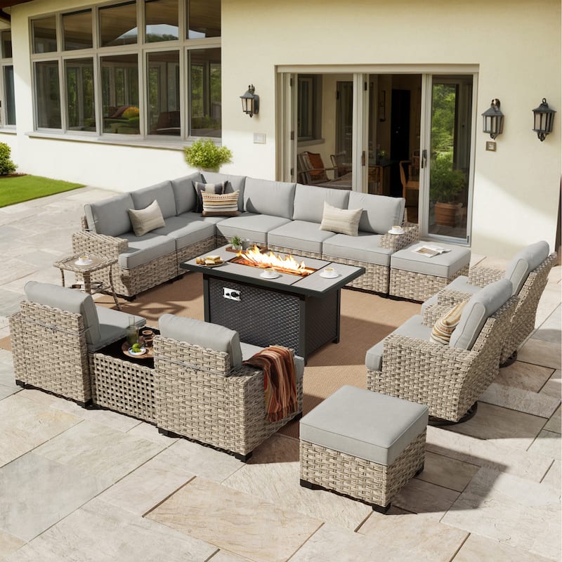 HOOOWOOO 15-piece Outdoor Sofa Patio Wicker Furniture Sectional Set with 54" Fire Pit Table - Dark Grey