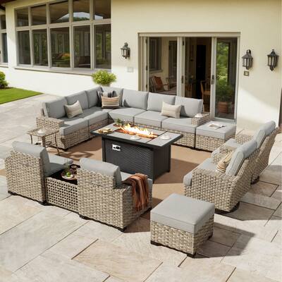 HOOOWOOO 15-piece Outdoor Sofa Patio Wicker Furniture Sectional Set with 54" Fire Pit Table