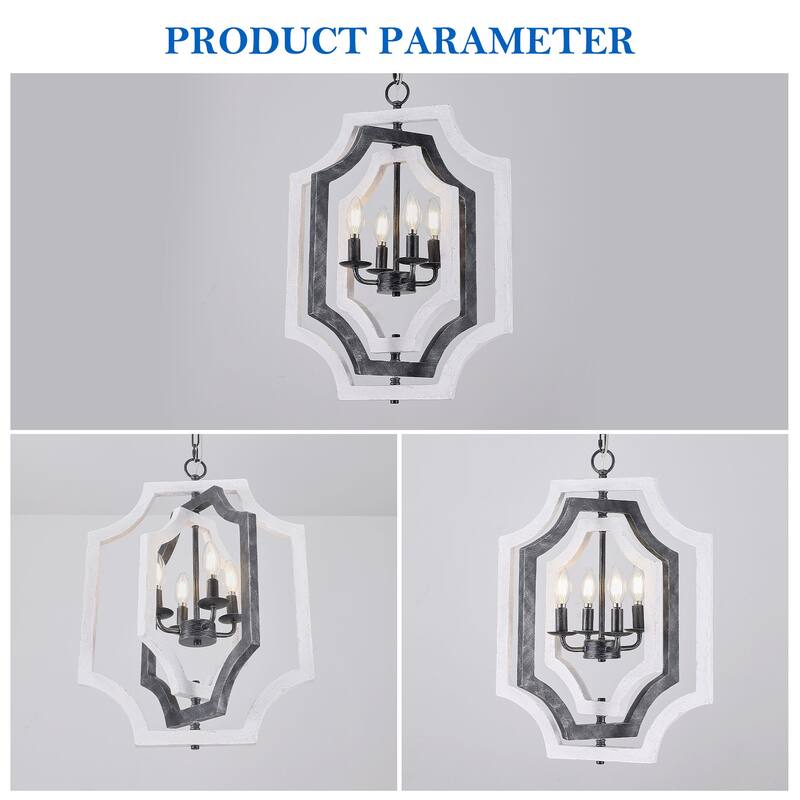 CurveCurio 18" Boho Adjustable Three-Tier Solid Wood Shade Pendant Light w 4 Lights, Austable Hanging Chain Chandelier