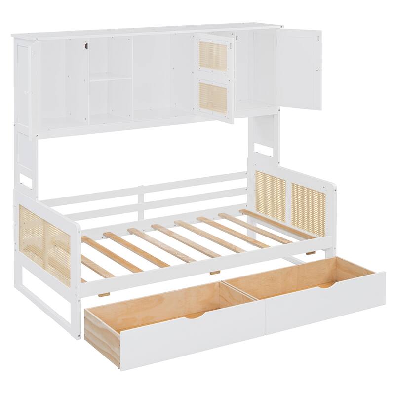 L-Shape Twin Size Daybed with Storage Cabinet and 2 Drawers, Bedroom Storage Bed Frame with Bookshelf, Wood Slats Support