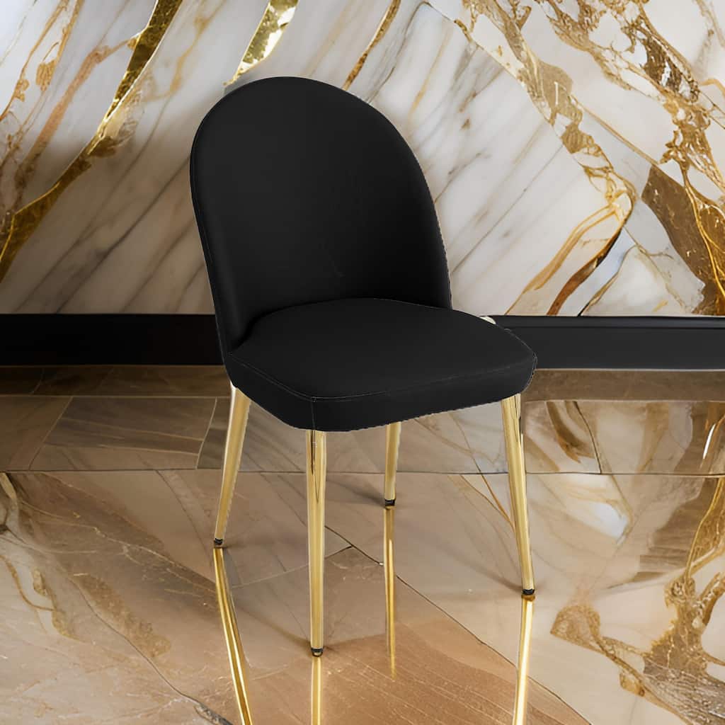 Era 24 Inch Dining Chair Set of 2, Curved Back, Black Faux Leather, Gold
