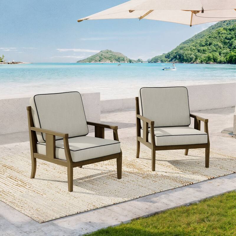 2 Set Brown Wood Outdoor Accent Club Chairs with Water-Resistant Cushions