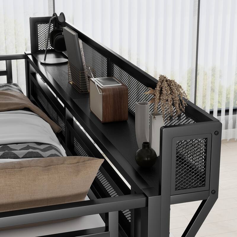 Queen Size Loft Bed with Stairs, Metal Queen Loft Bed with Storage Shelves, High Loft Bed with Wardrobe for Kids Teens Adults