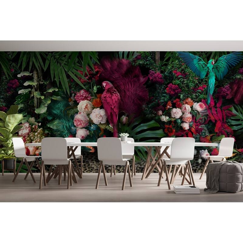 GK Wall Design Colorful Parrot and Peony Flower Wallpaper