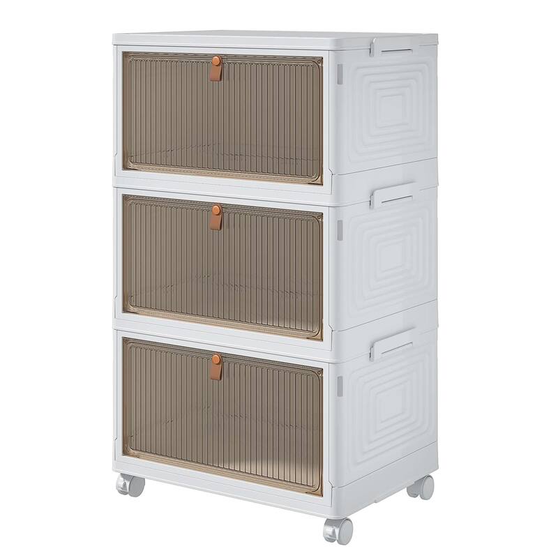 3 Tier Plastic Storage Bins Stackable Storage Containers with Wheels Folding Storage Boxes Closet Organizers - 3-Tier