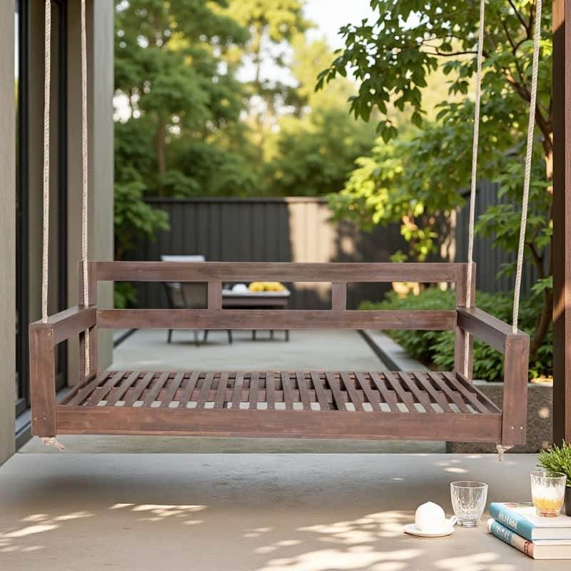 Acacia Wood Porch Swing Daybed with 4 Hanging Ropes Twin Size Outdoor Swing Bed, 350lb Capacity