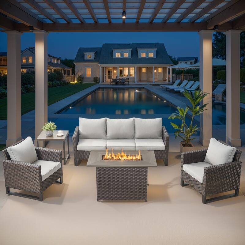 Outdoor Sofa Patio Chairs with Fire Table - Beige - Brown