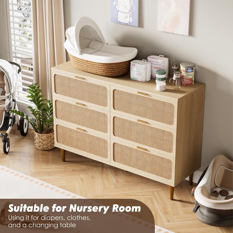 Rattan 6 Drawer Dresser for Bedroom, Large Double Dresser with Deep Drawers, Wooden Chest of Drawers for Closet with Wide Top
