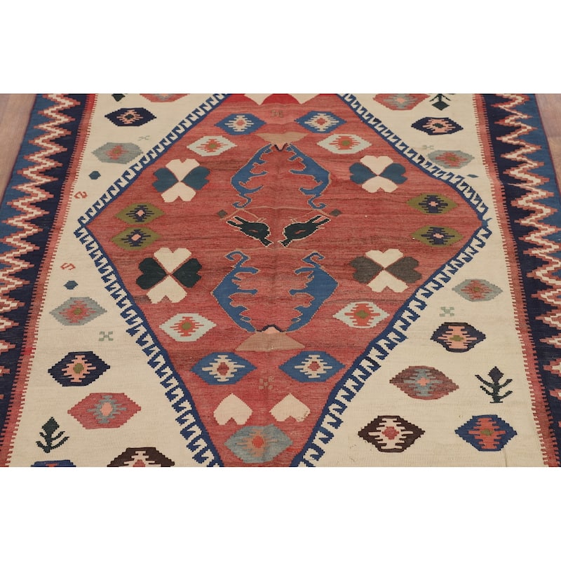 Tribal Kilim Qashqai Persian Vintage Rug Hand-Woven Wool Carpet - 4'8"x 6'3"