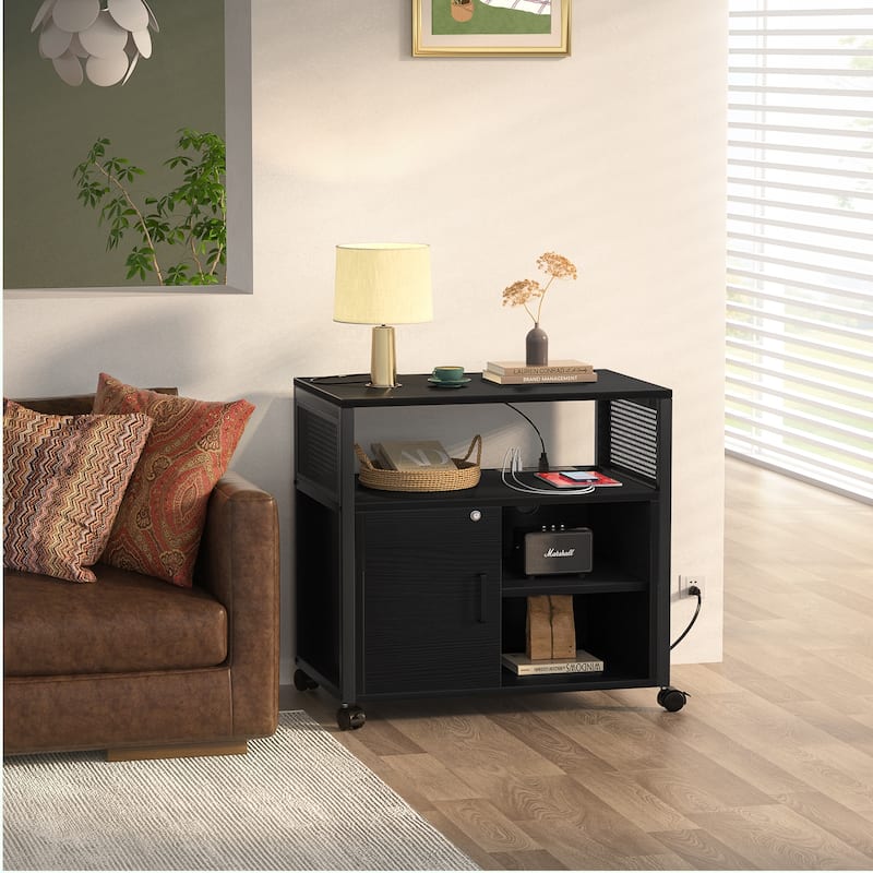 Rolling File Cabinet Lateral Office Filing Cabinets with Charging Station,Modern Printer Stand on Wheels