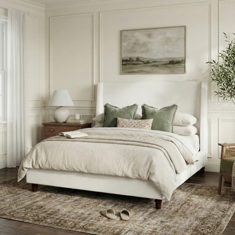 Christopher Knight Home - Modern 52.7" Tall Wingback Boucle Upholstered Platform Bed Frame with Solid Wood Legs & Slat Support