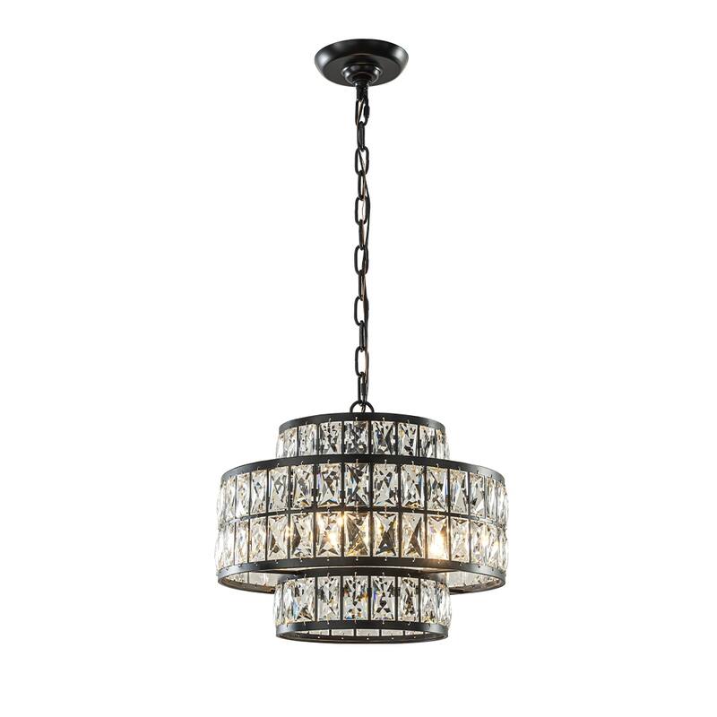 Modern Crystal Chandelier Matte Black Finish Tiered Drum Pendant Light for Small Spaces Dining Room Entryway - W16''
