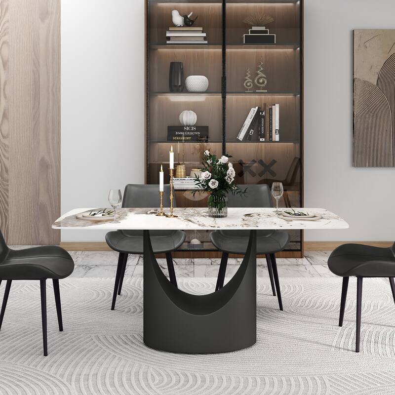 63" Dining Table Set for 6, Sintered Stone Dining Table with Solid Carbon Steel Base for Kitchen Dining Room
