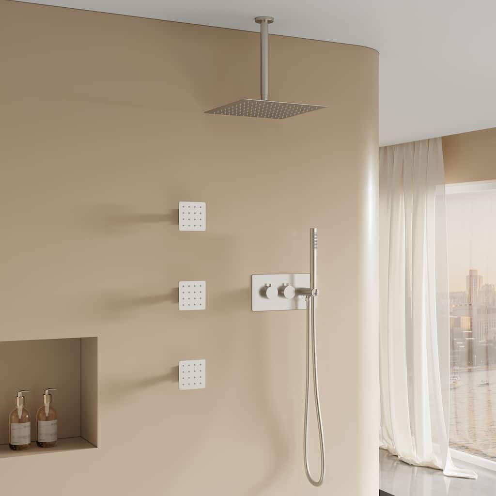 3-Function Ceiling-Mounted Shower System With 12" Ultra-Thin Square Shower Head,Body Jets And Hand Shower(Valve Included)