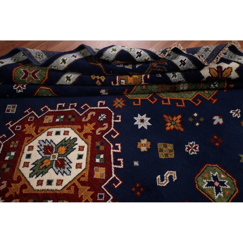 Navy Blue Geometric Kazak Oriental Area Rug Handmade Wool Carpet - 8'8" x 11'11"