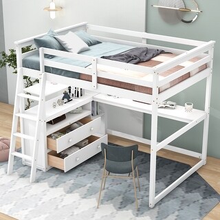 Full Size Loft Bed with Desk and Shelves, 2 Built-in Drawers