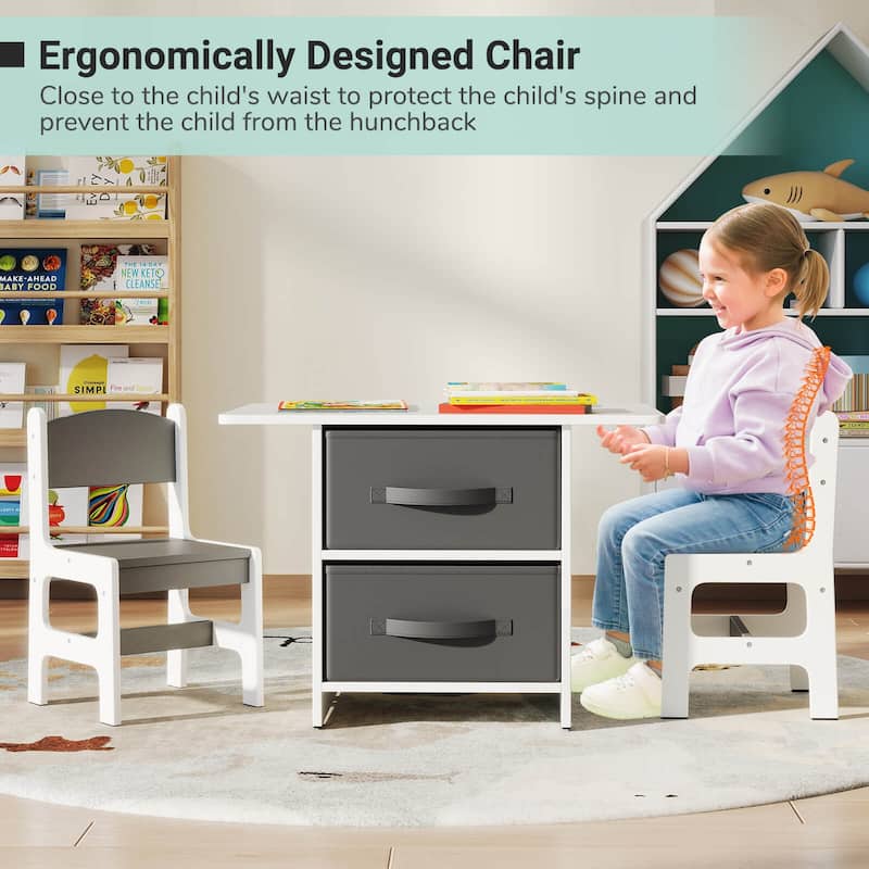 Babyjoy Kids Art Play Wood Table and 2 Chairs Set w/ Storage Baskets
