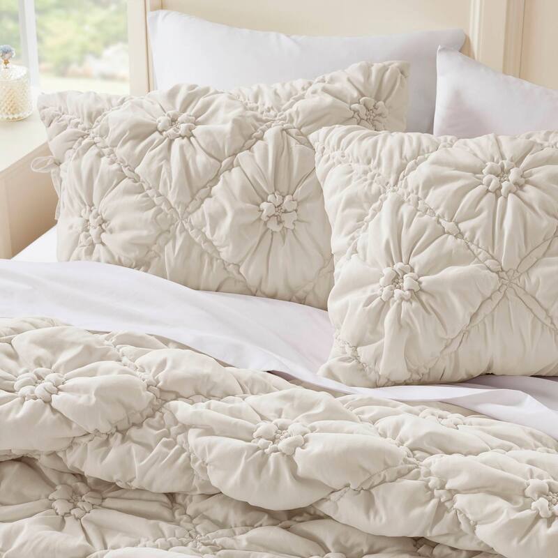 3PCS Full/Queen Textured Floral Comforter Set with Shams Puffy Design All Season Comfort