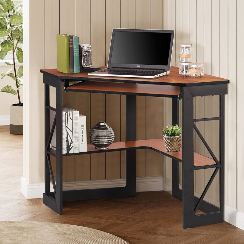 VECELO Triangular Corner Desk with Keyboard Tray Space Saving Metal Computer Desk for Home Office Study Bedroom