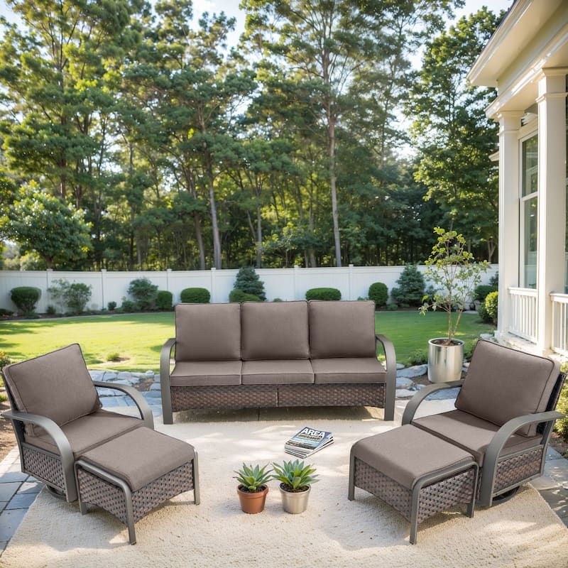 Pocassy Outdoor Furniture Sofa Swivel Chairs with Ottoman - Grey Cushion - 5PCS Sofa Swivel Chair with Ottoman