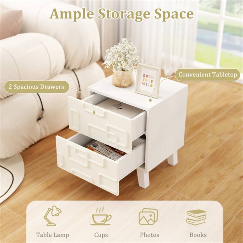White Engineered Wood Nightstand with 2 Drawers and 3D Geometric Design