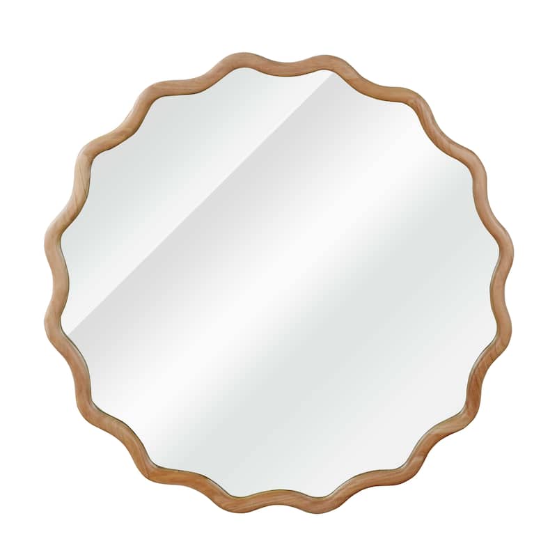Natural Wood Wavy Round Solid Wood Decorative Mirror - Bedroom, Bathroom, Living Room - Natural Wood