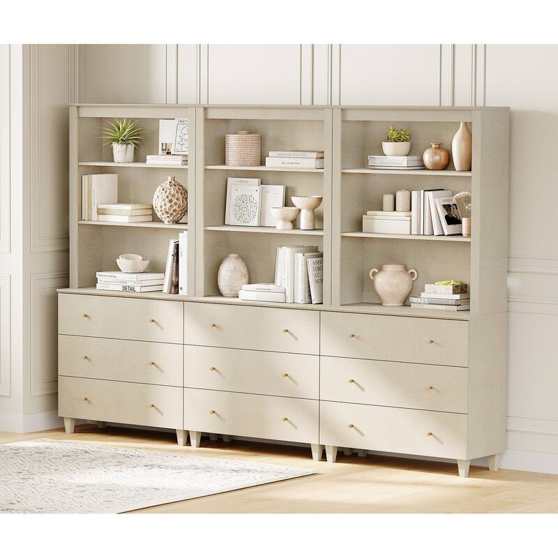 WAMPAT Modern 71" Tall Bookcase with 9 Drawers, 3 Columns 3-Tier