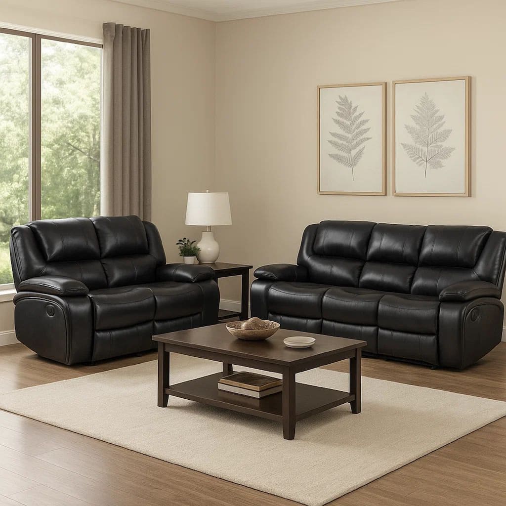 Mila 2pc Manual Reclining Sofa and Loveseat Set, Black Faux Leather
