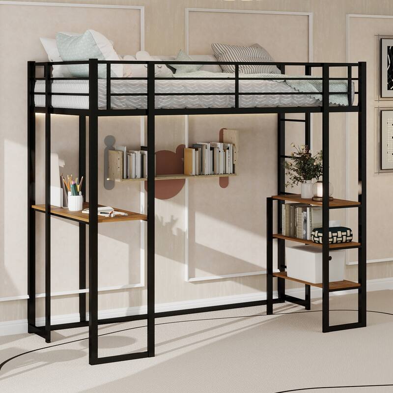 Iron frame bed with bed and table with stairs on both sides