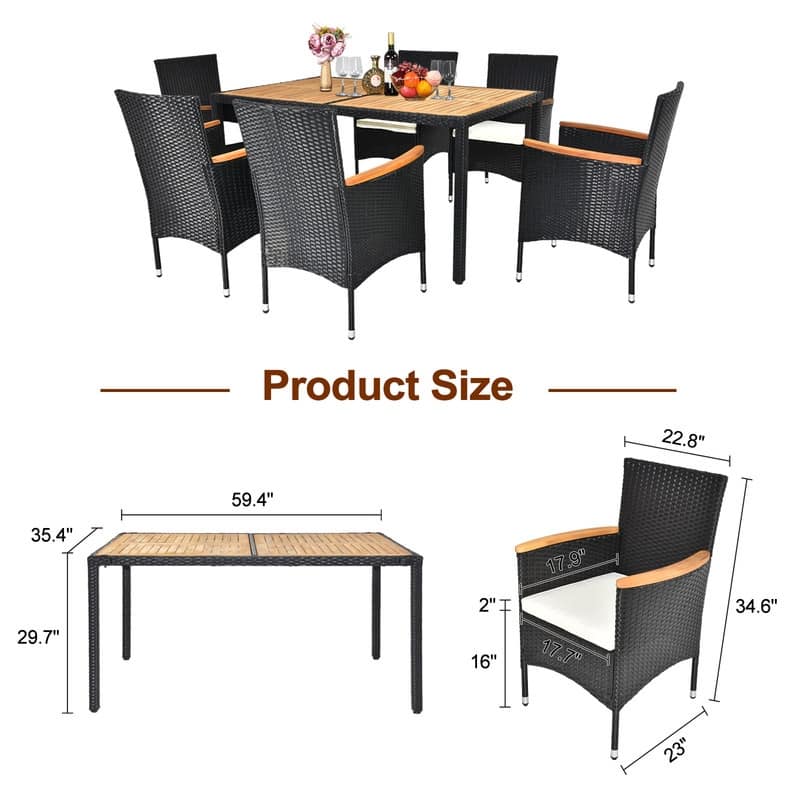 Patio 7-Piece Wicker Acacia Wood Outdoor Dining Set with Beige Cushion