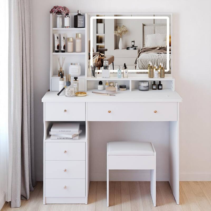 Modern Makeup Vanity Table with 27"x20" Lighted Mirror, 41" Wide Desktop, Left Drawer and Stool, Ideal for Large Rooms - White