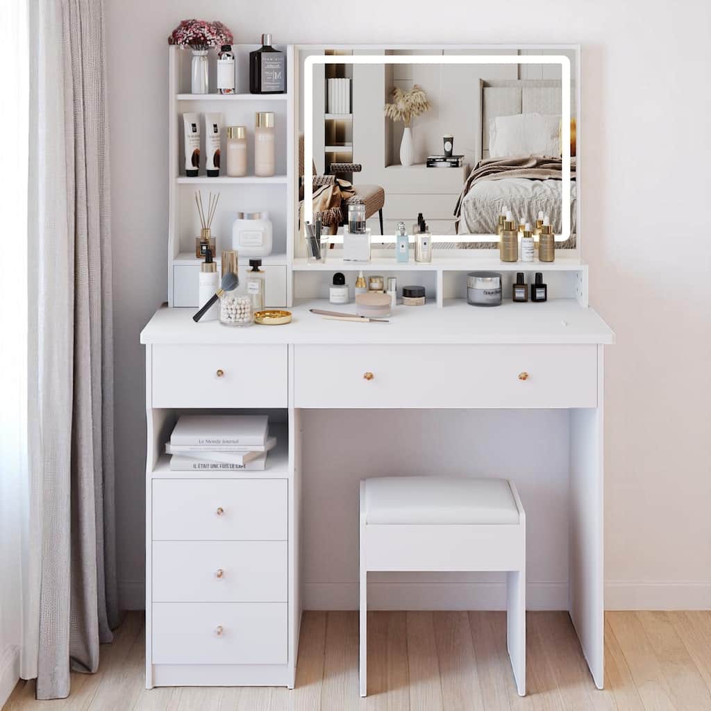 Modern Makeup Vanity Table with 27"x20" Lighted Mirror, 41" Wide Desktop, Left Drawer and Stool, Ideal for Large Rooms