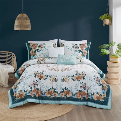 Madison Park Alaina 5 Piece Cotton Floral Comforter Set with Throw Pillows