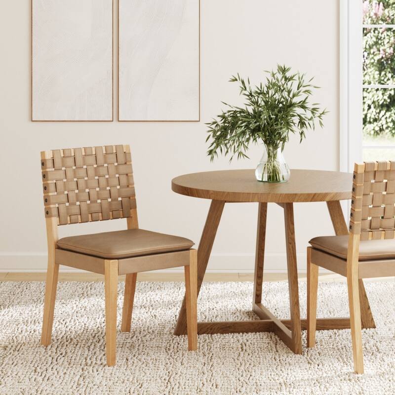 Cohen 19 in. Wood Dining Chair, Mid-Century Modern Upholstered Side Chair with Hand Woven Faux Leather Backrest