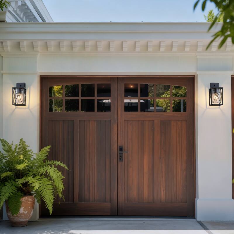 Motion Sensor Outdoor Wall Lanterns with Seeded Glass, Set of 2 - Black