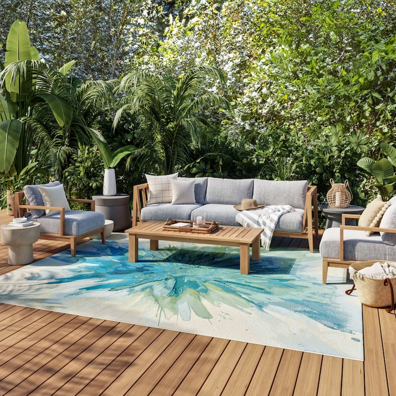 Nourison Color Splash Indoor/Outdoor Blue Abstract Area Rug - Ivory/Blue - 9'10" x 13'2"