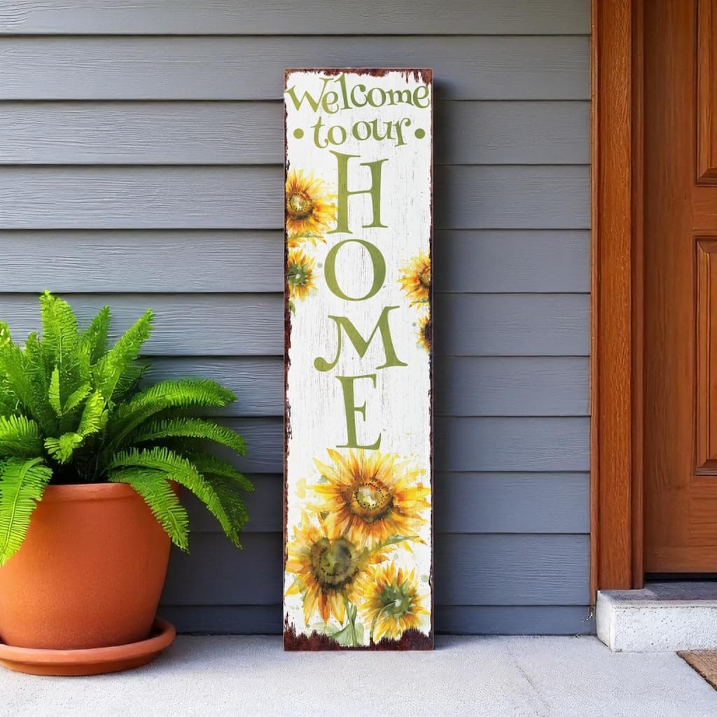 HomeRoots 36" White Green And Yellow Sunflowers Solid Wood Welcome Porch Sign