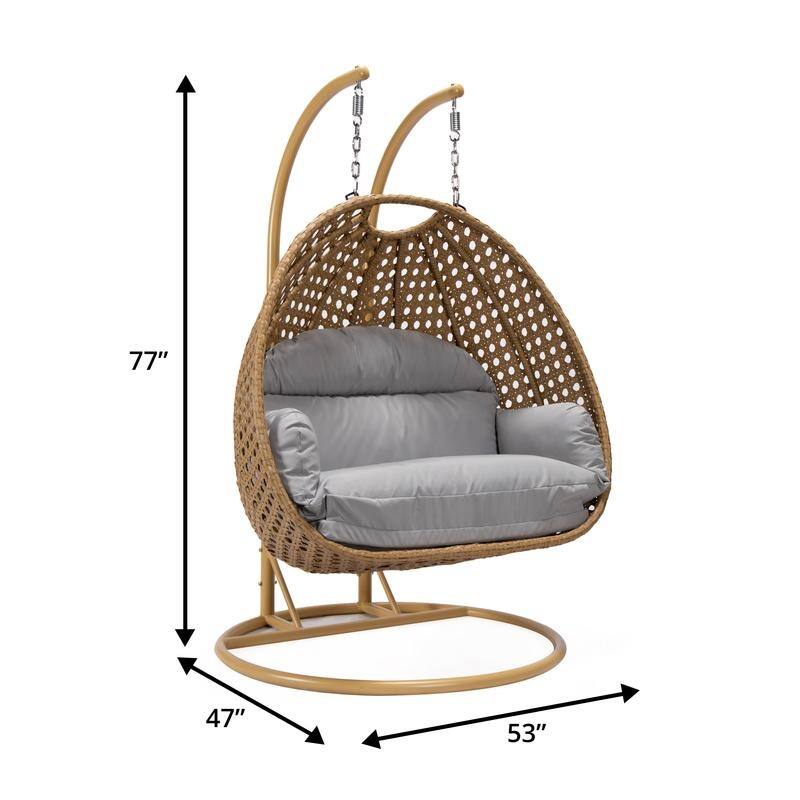 LeisureMod Mendoza 2-Person Hanging Egg Swing Chair - Handcrafted Light Brown Wicker, Patio Hammock Lounger with Cushions - 53"