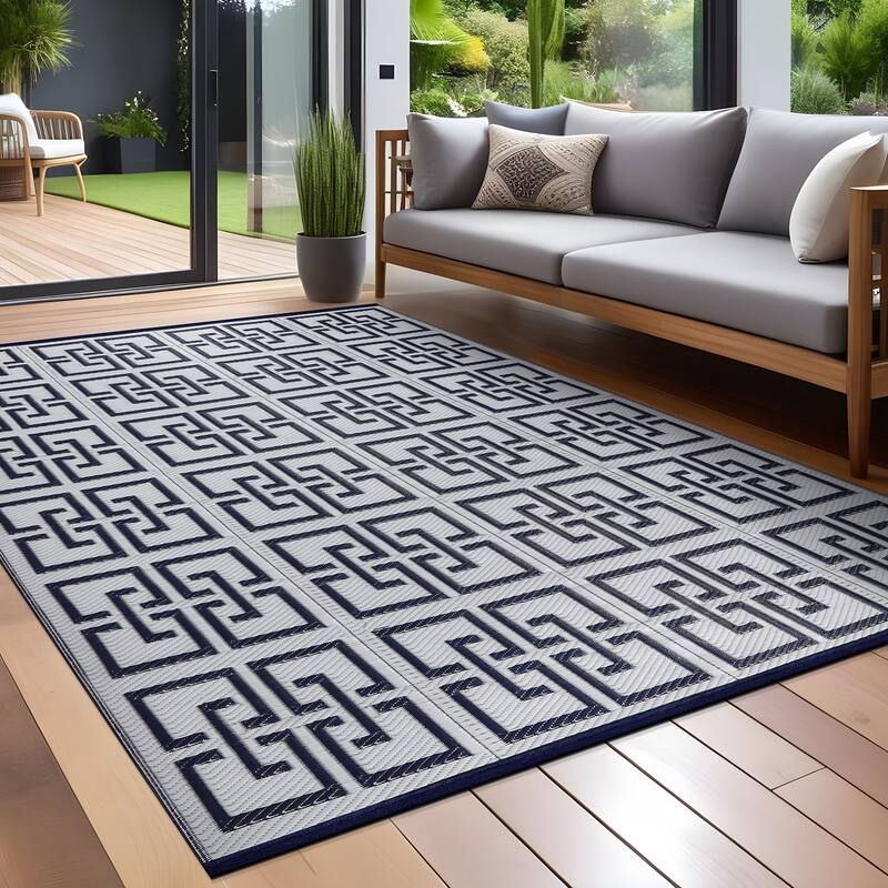 Beverly Rug Geometric Greek Key Outdoor Rug Waterproof for Patio, RV Camping